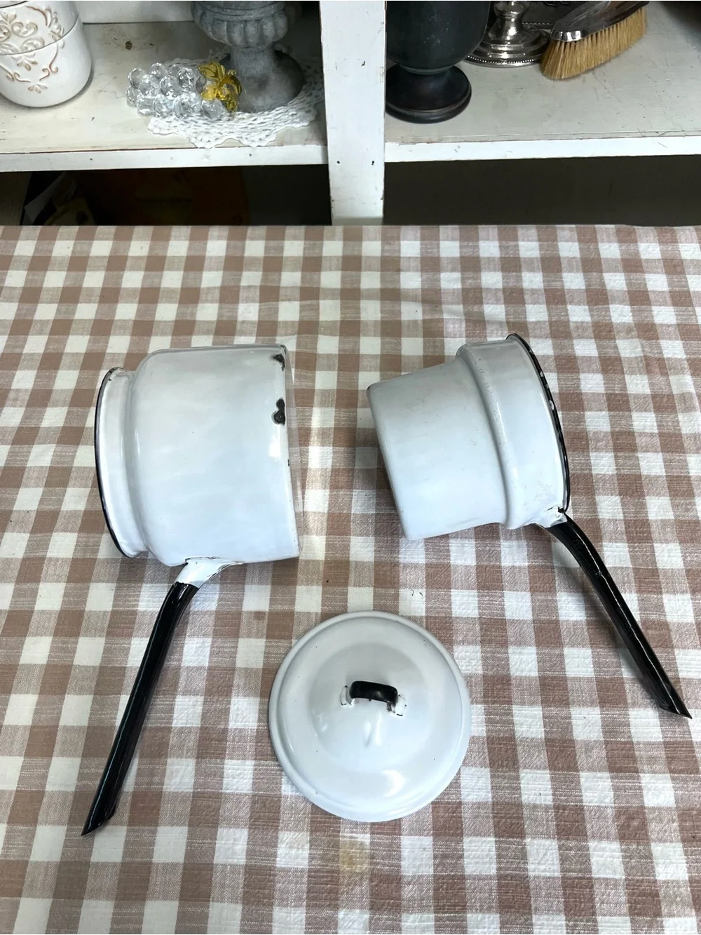 Vintage black white enamel double boiler pan decor cookware grandma core